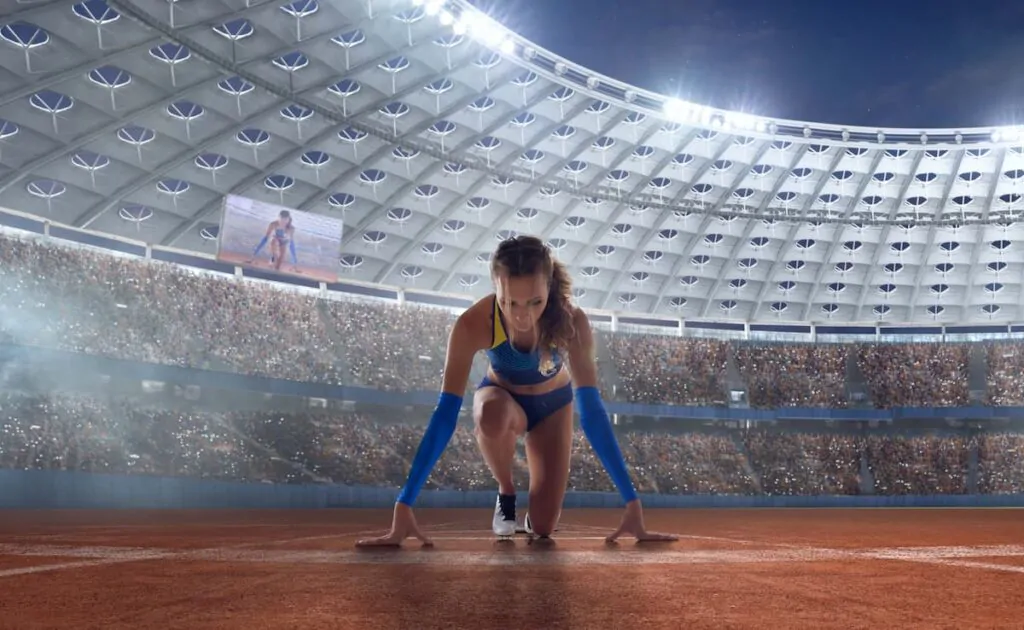 Atleta se aquecendo para uma corrida nas Olimpíadas, destacando a conexão entre esporte e arquitetura francesa.